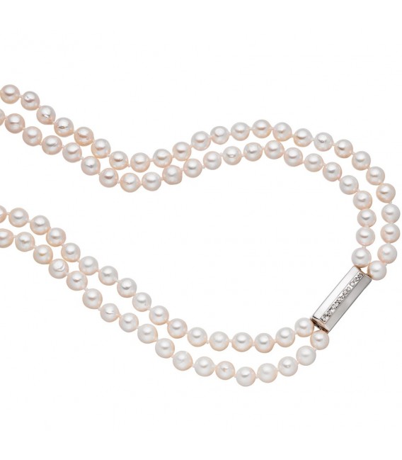 Perlenkette 2-reihig mit Akoya Perlen 45 cm Schließe 925 Silber mit Zirkonia.
