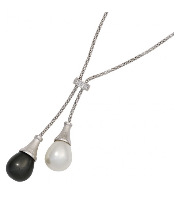 Collier Kette mit Anhänger 925 Silber 2 Perlen mit Zirkonia 47 cm Halskette.