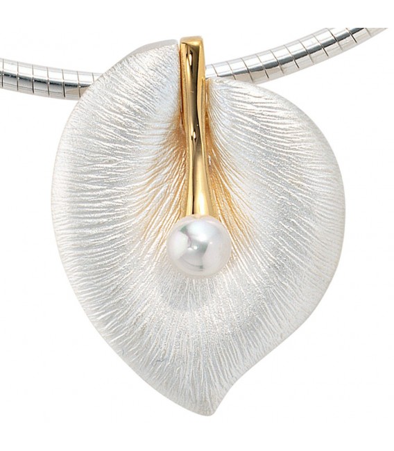 Anhänger Blatt 925 Silber bicolor mattiert 1 Süßwasser Perle Perlenanhänger.