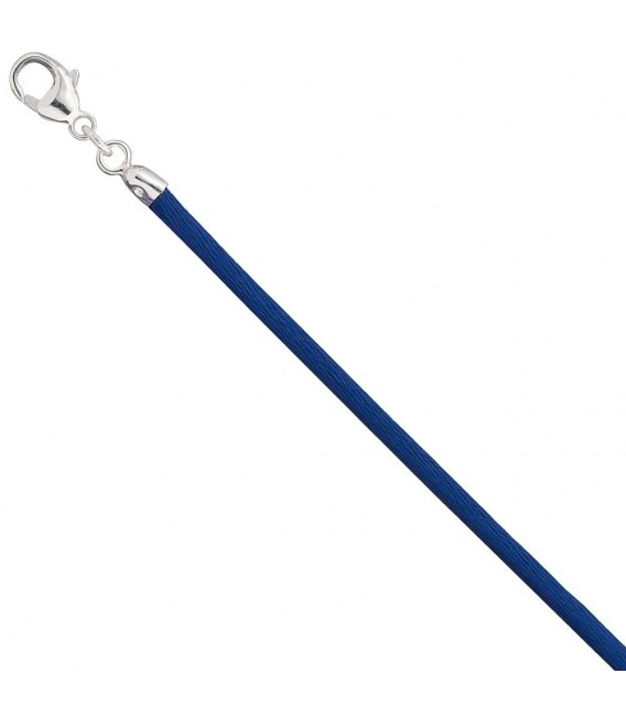Collier Halskette Seide blau 2,8 mm 42 cm, Verschluss 925 Silber Kette.