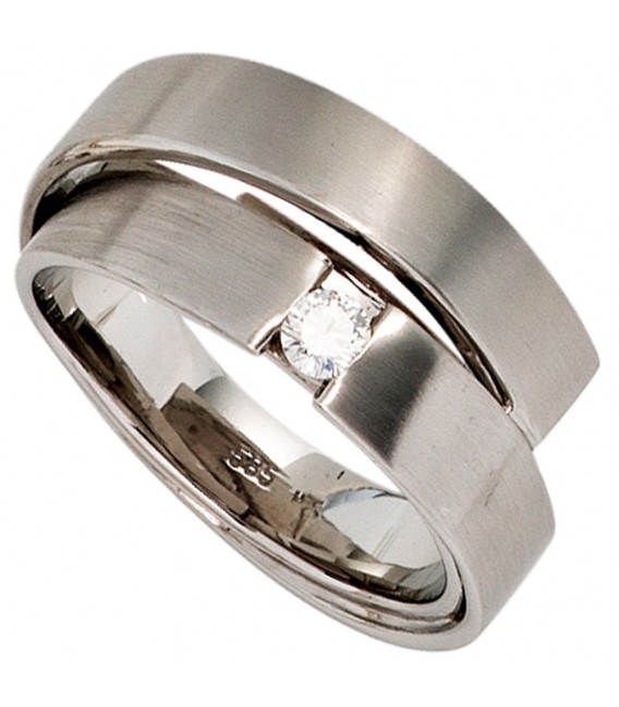 Damen Ring 585 Gold Weißgold matt 1 Diamant Brillant 0,12ct. Weißgoldring.