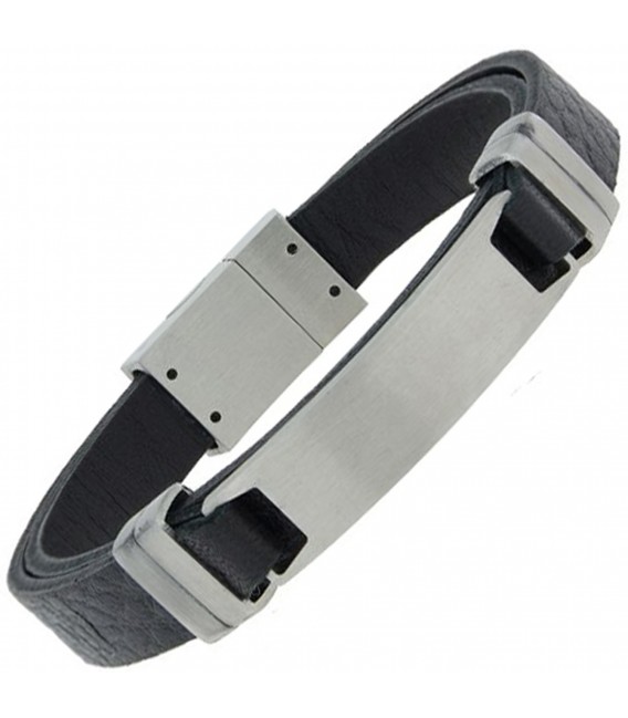 Armband mit Gravurplatte Leder schwarz und Edelstahl matt 19 cm