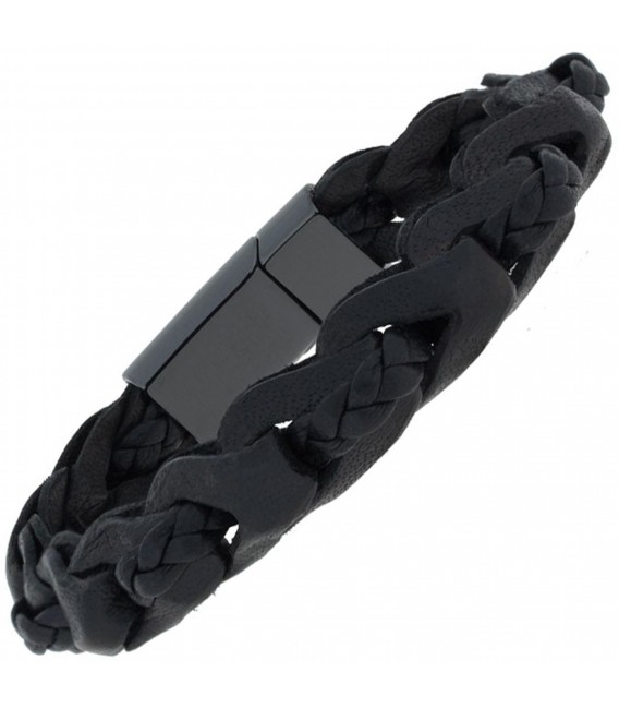 Armband 2-reihig Leder mit Keramik schwarz geflochten 19 cm
