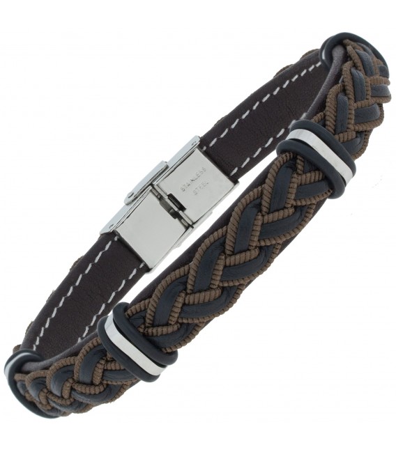 Armband Leder schwarz geflochten mit Edelstahl 23 cm