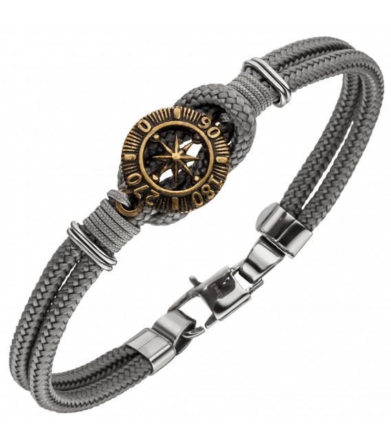 Armband Kompass 2-reihig Baumwolle grau mit Edelstahl 21 cm