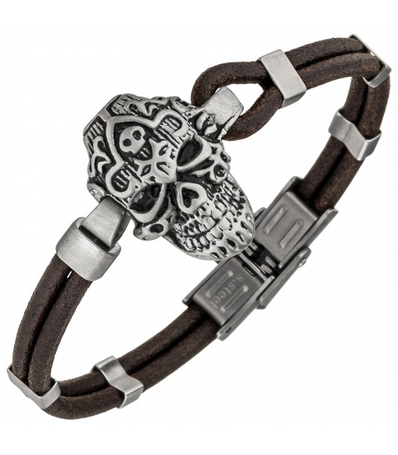 Armband Totenkopf Leder braun und Edelstahl matt 19 cm