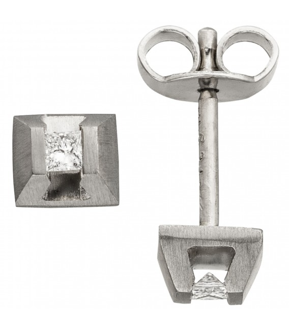 Ohrstecker eckig 950 Platin matt 2 Diamanten Ohrringe Platinohrringe - Bild 1