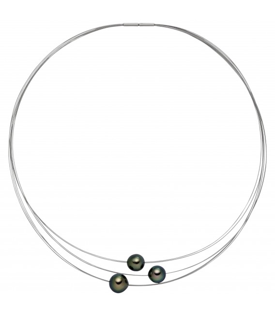 Collier Kette Halskette 7-reihig Edelstahl mit 3 Tahiti Perlen 42 cm - Bild 1