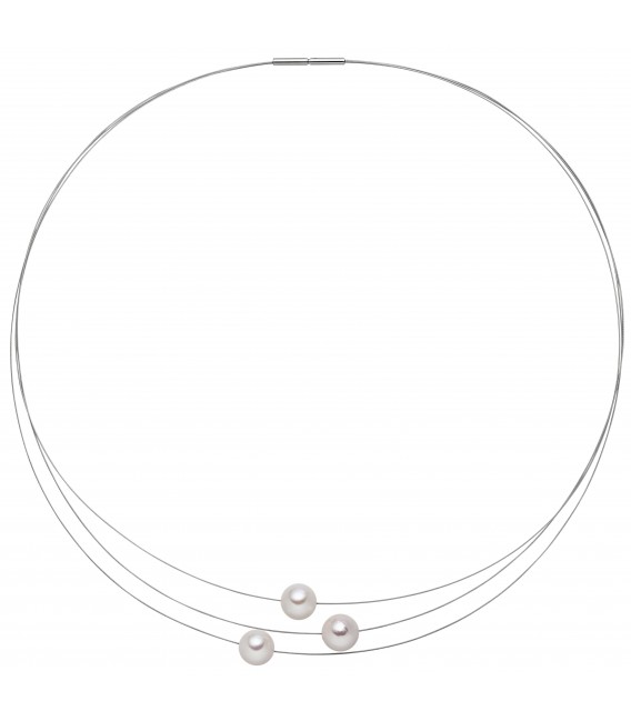 Collier Kette Halskette 3-reihig Edelstahl mit 3 Akoya Perlen 42 cm - Bild 1