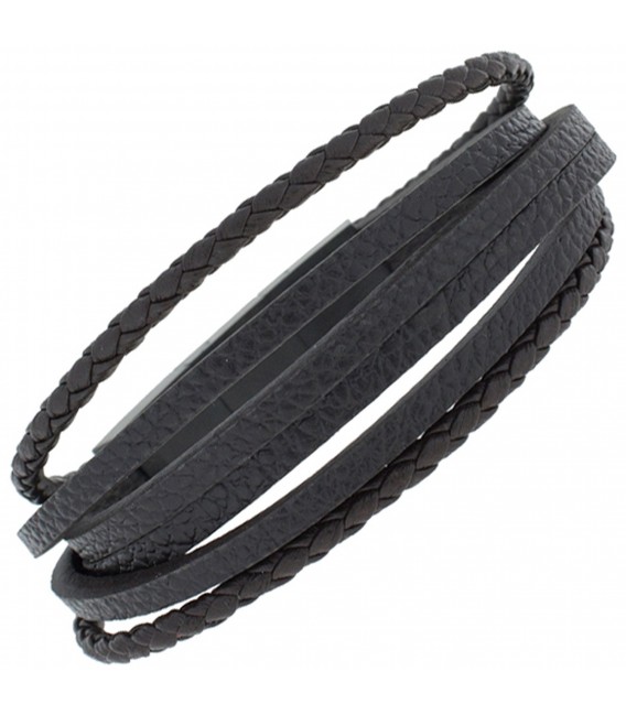 Armband 6-reihig Leder schwarz mit Edelstahl 22 cm - Bild 1