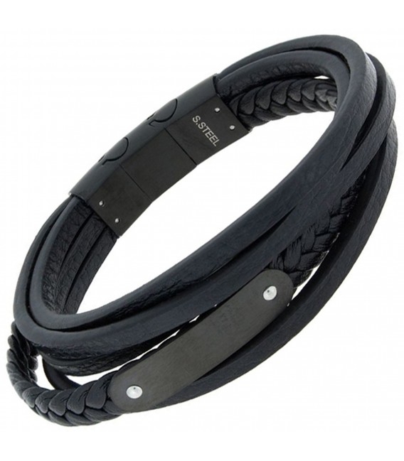 Armband 5-reihig Leder schwarz mit Edelstahl 19 cm - Bild 2