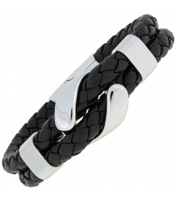 Armband 2-reihig Leder schwarz geflochten mit Edelstahl 23 cm - Bild 1