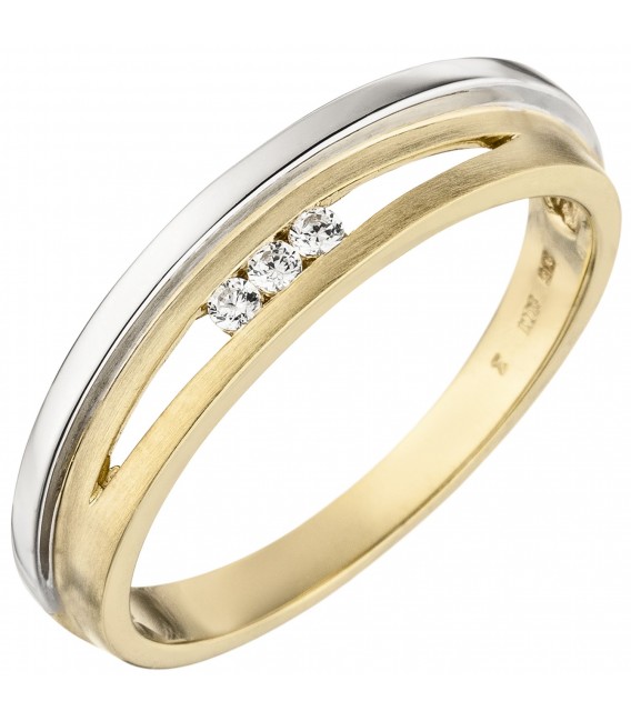 Damen Ring 375 Gold Gelbgold Weißgold bicolor matt 3 Zirkonia Goldring - Bild 1
