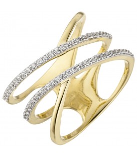 Damen Ring breit mehrreihig 375 Gold Gelbgold 52 Zirkonia Goldring - Bild 1