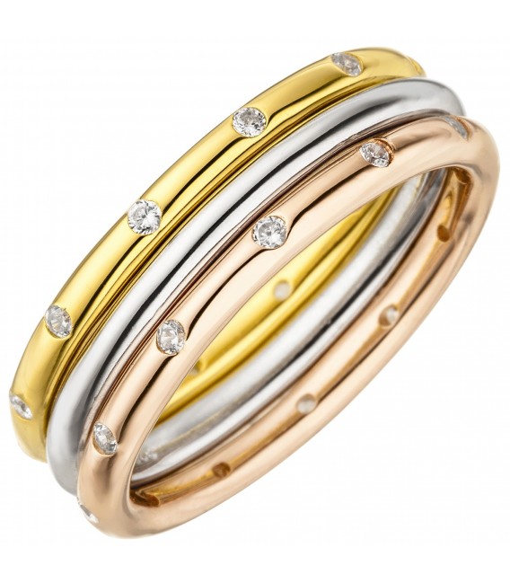 Damen Ring 3-teilig 925 Silber tricolor dreifarbig vergoldet 24 Zirkonia - Bild 1