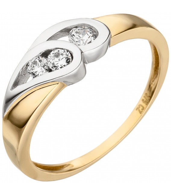 Damen Ring 375 Gold Gelbgold bicolor 3 Zirkonia Goldring - Bild 1