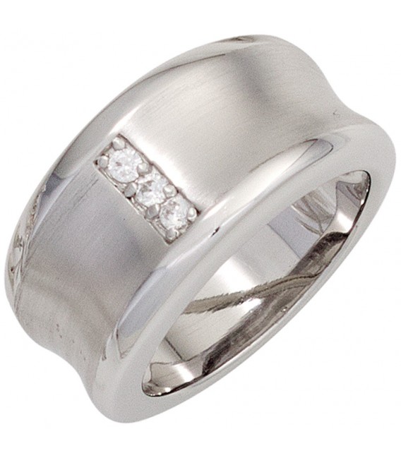 Damen Ring breit 925 Sterling Silber rhodiniert mattiert 3 Zirkonia Silberring - Bild 1