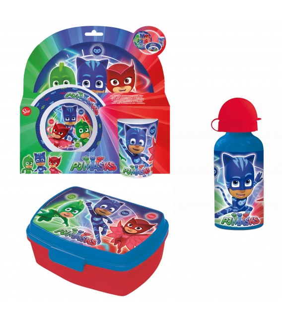 PJ MASKS Frühstücks-Set für Kinder Kindergeschirr Trinkflasche Brotdose - Bild 1